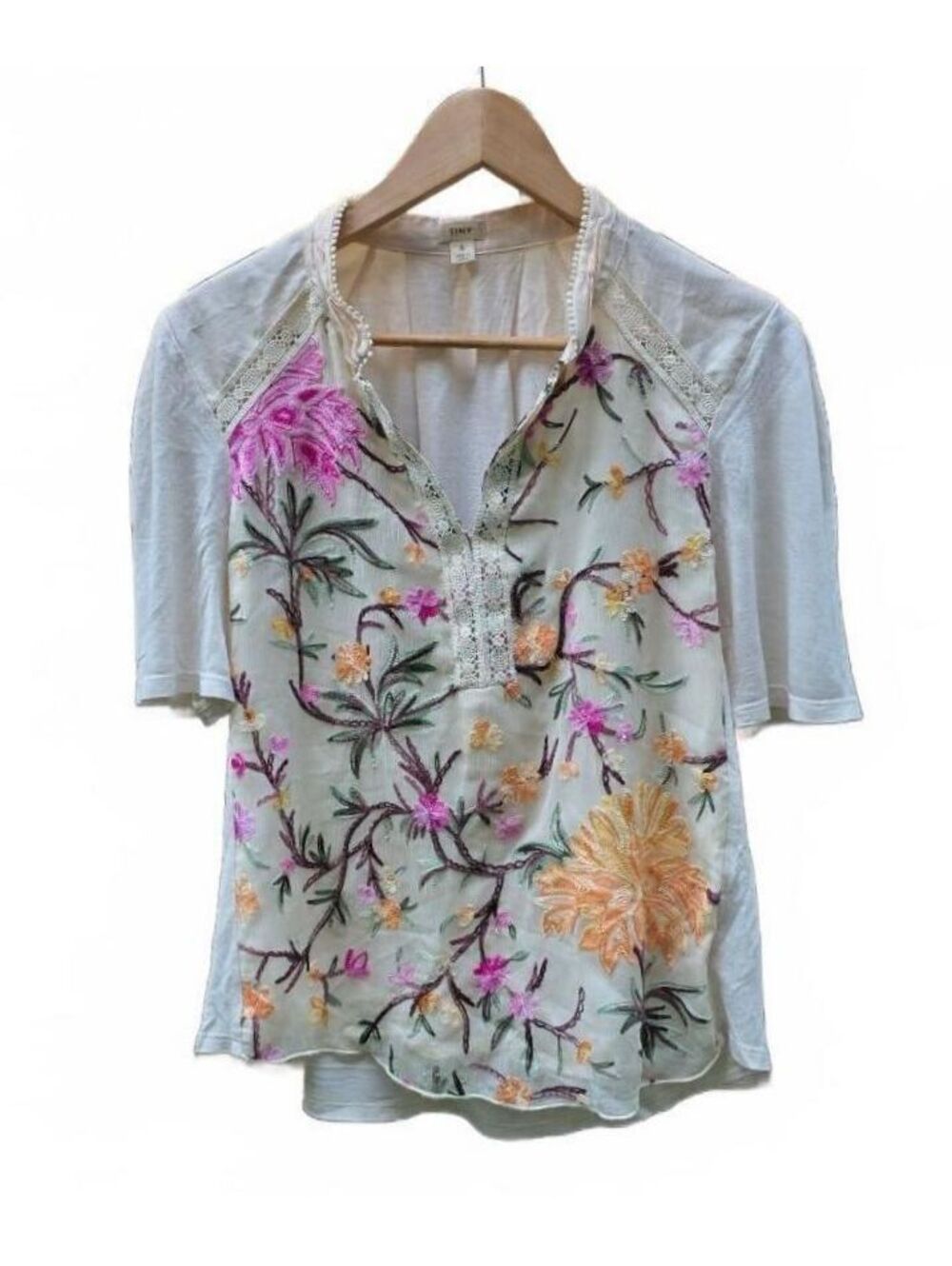 Anthropology Tiny Eliana Embroidered Floral Henley Blouse - Ivory Small